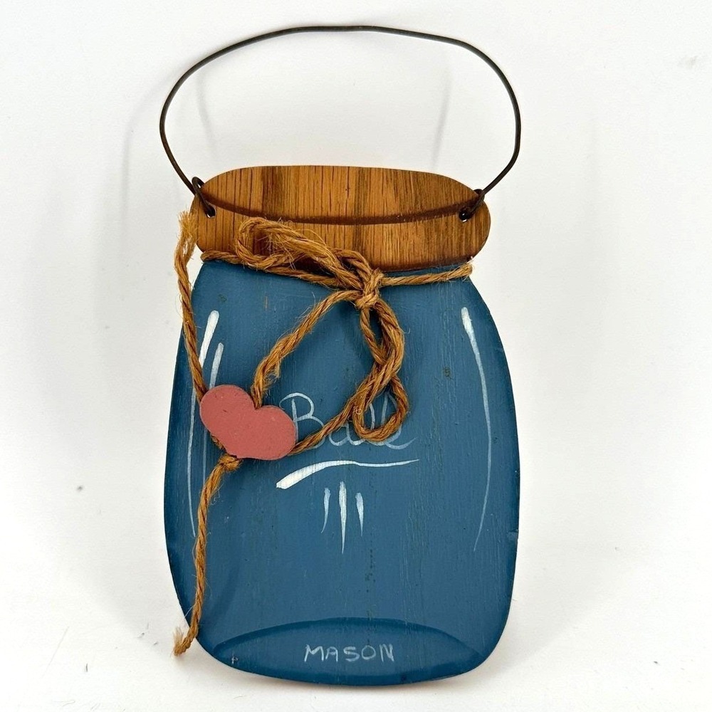 Hand Painted Wooden Mason Jar Wall Hanging Blue Rustic Farmhouse Decor Heart